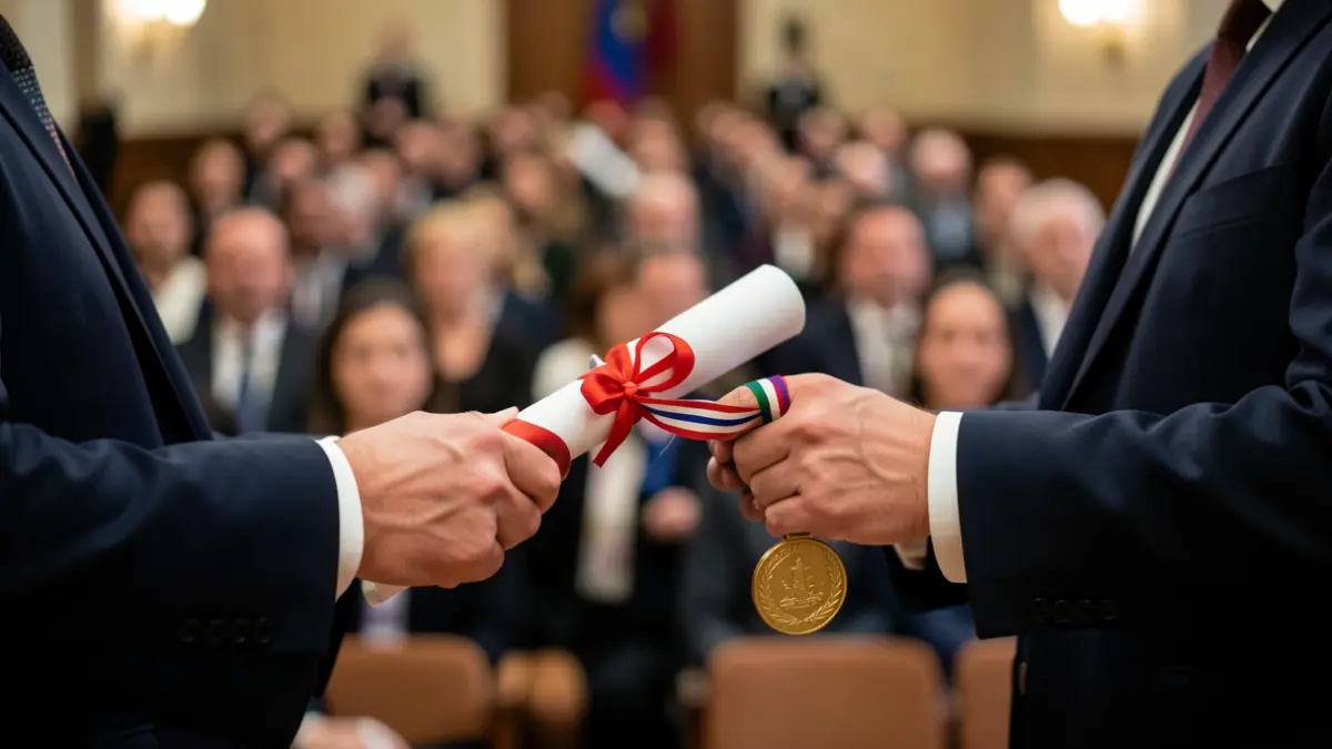 Primer pla de les mans d'un metge sostenint un diploma i una medalla durant una cerimònia acadèmica a Madrid.