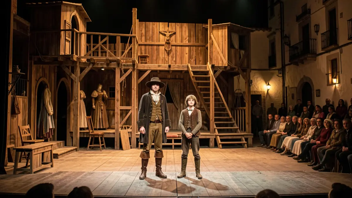 Escena de la obra 'Rinconete y Cortadillo' en Villaviciosa de Odón, con actores y decorados de época.