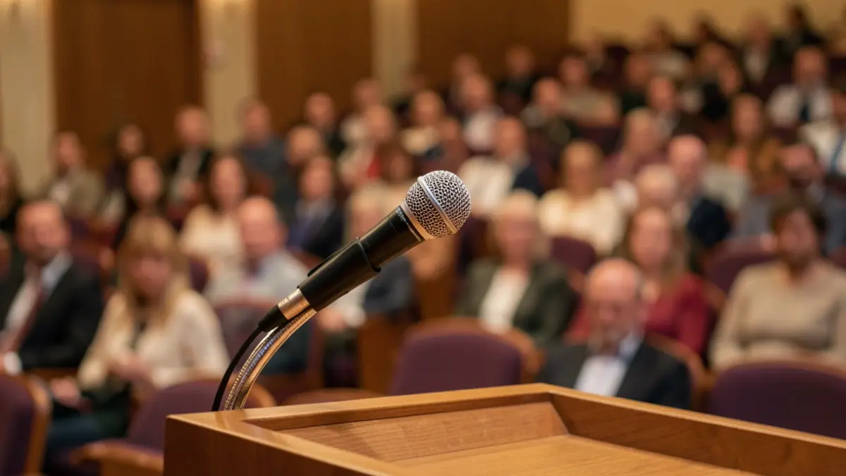 Generic image of a microphone on a lectern in an auditorium.