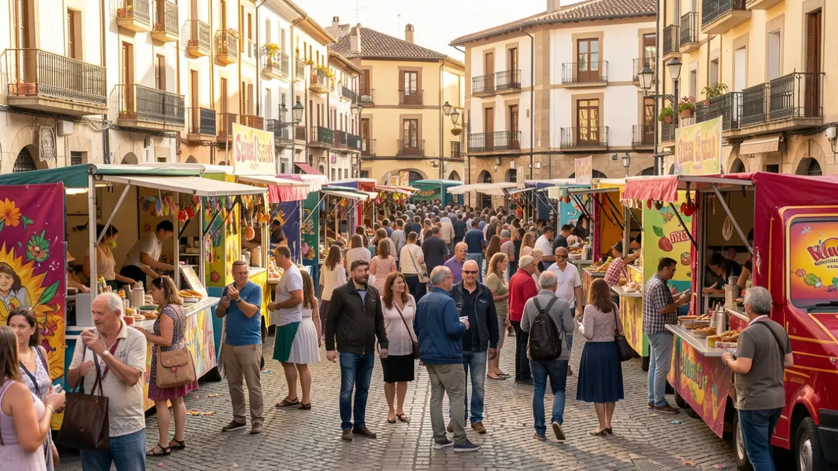 Generic image of a Spanish town square during a festival with stalls and people enjoying themselves.