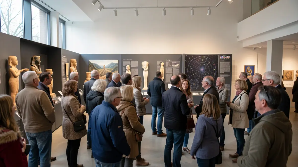 Generic image of a diverse group of people observing a science exhibition in a cultural center.