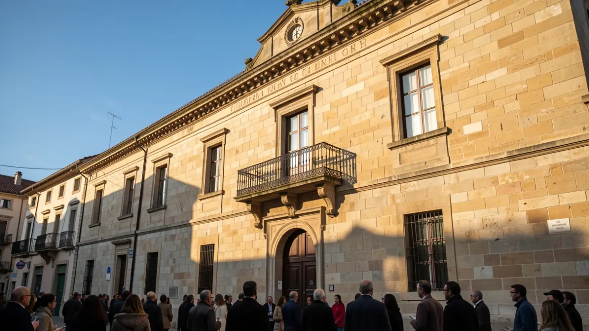 Imagen genérica de la fachada de un edificio institucional con balcón y barandillas de hierro, bajo la luz del sol de la tarde.