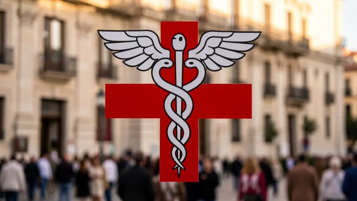 Imagen genérica de un símbolo médico sobre el fondo de un ayuntamiento madrileño al atardecer.