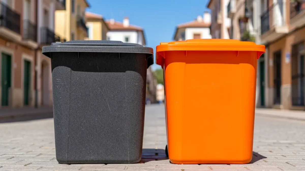 Generic image of two recycling bins, one dark grey for clothes and one orange for vegetable oil, placed on an urban street.