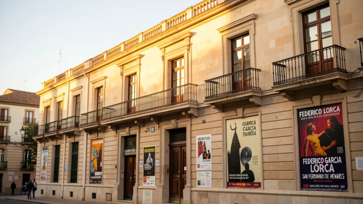 Facade of the Federico García Lorca Theater in San Fernando de Henares with cultural event posters.