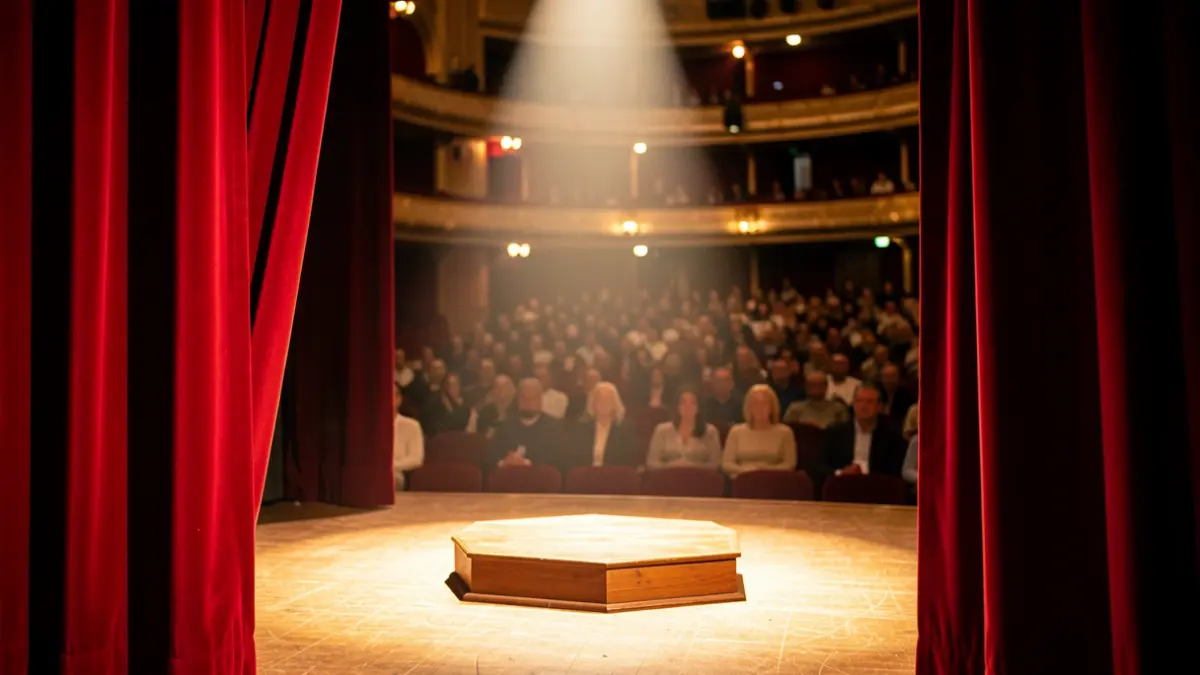 Image of a theater stage with red curtains and a spotlight illuminating an empty podium.
