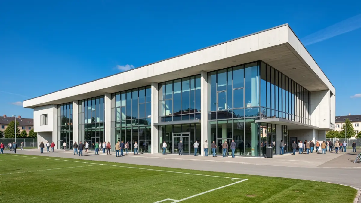 Imagen genérica de un polideportivo moderno con fachada renovada bajo un cielo azul.