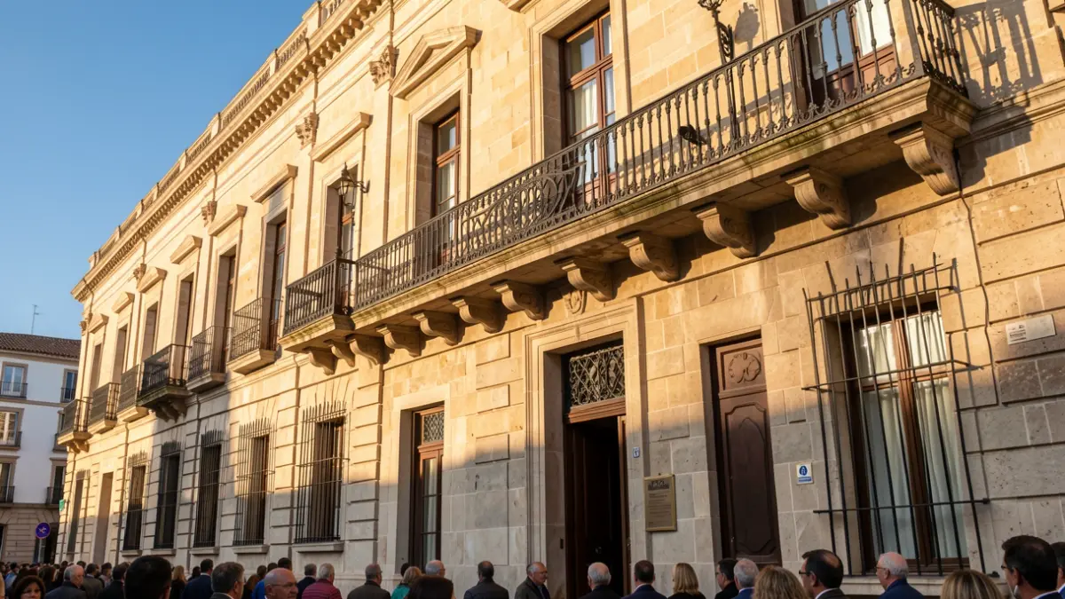 Stone facade of a la Comunidad de Madrid town hall with ornate balcony and iron railings, warm afternoon sunlight.