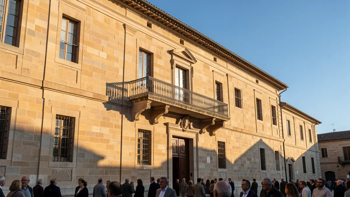 Fachada del Ayuntamiento de San Lorenzo de El Escorial con balcón y barandillas de hierro.