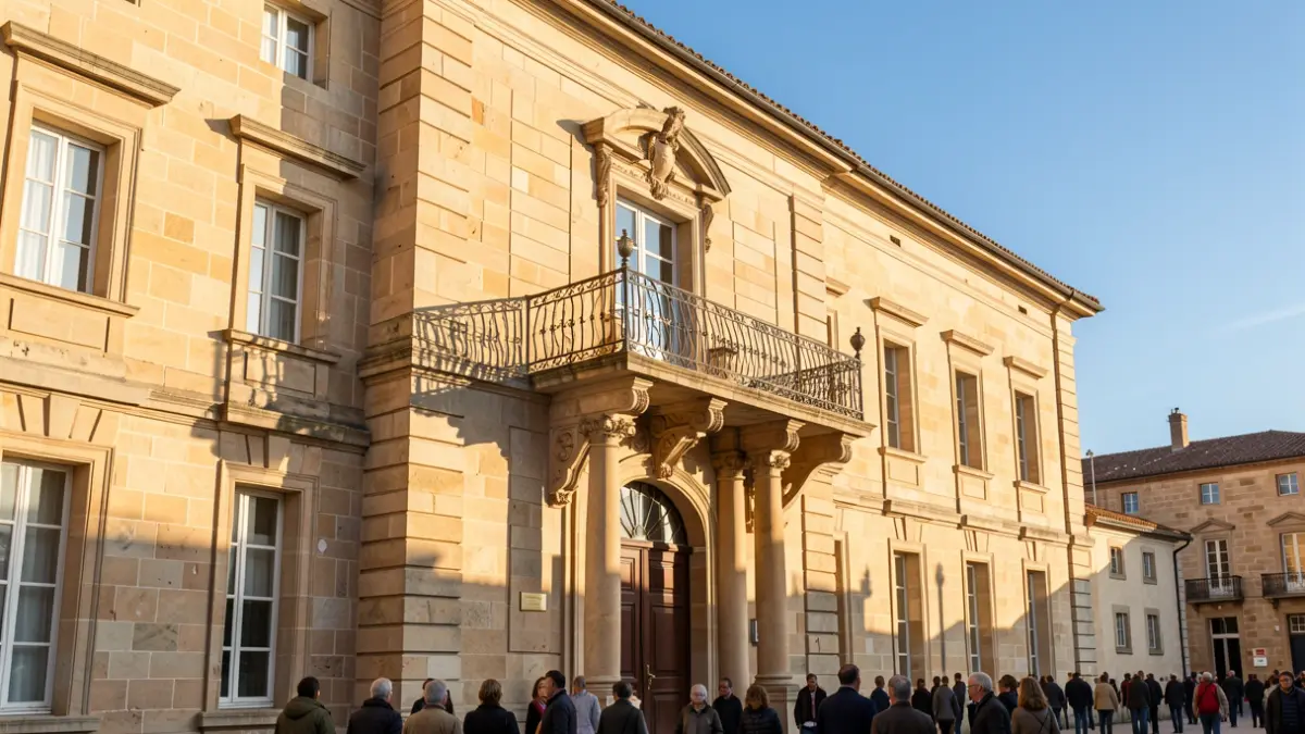Facade of the San Lorenzo de El Escorial Town Hall with balcony and iron railings, afternoon light.