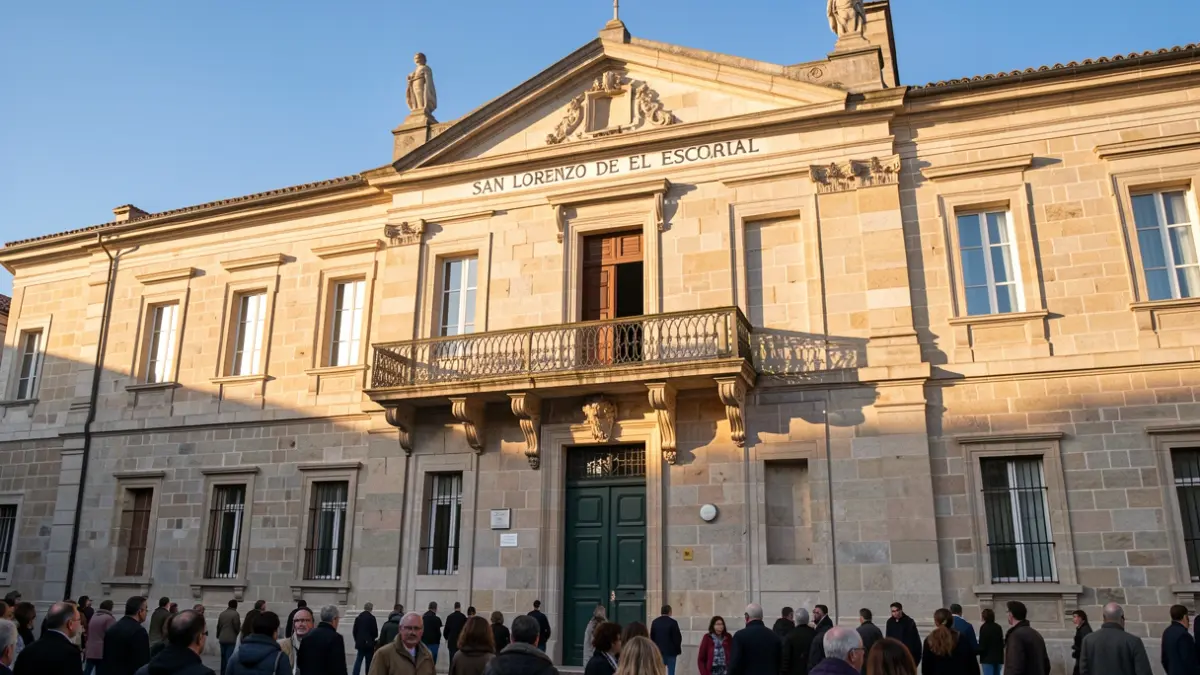 Fachada del Ayuntamiento de San Lorenzo de El Escorial con balcón y luz de tarde.