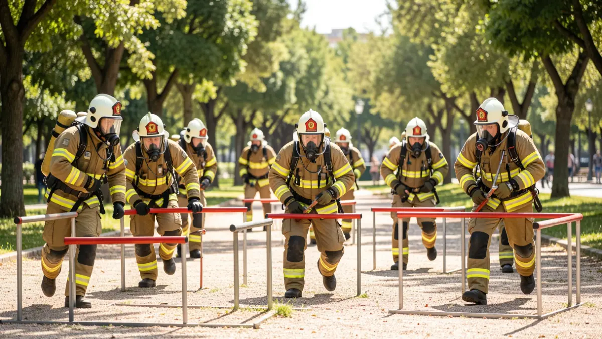 Firefighters completing a series of physical challenges in a park.