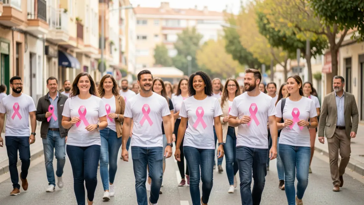 Imagen de la II Marcha contra el Cáncer de Mama en San Sebastián de los Reyes, con participantes caminando y portando cintas rosas.