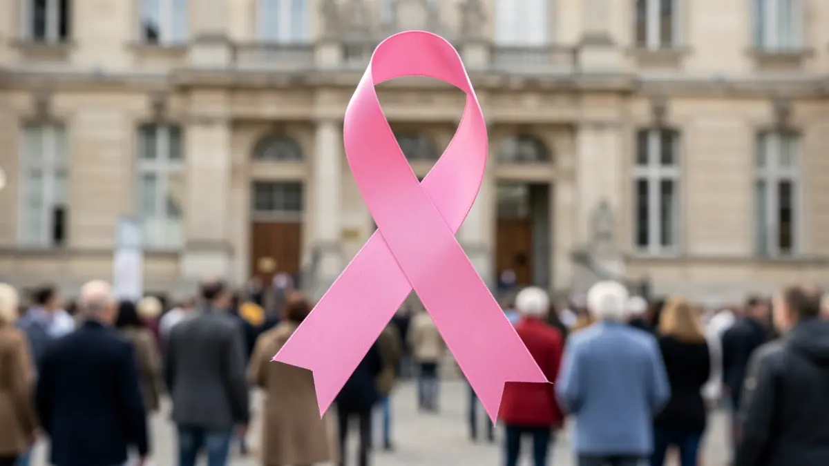 Generic image of a pink ribbon on the blurred facade of a town hall.
