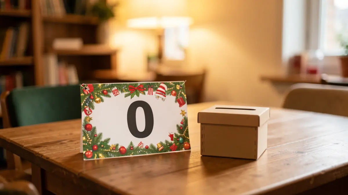 Generic image of a runner's bib with the number '0' and a Christmas design, on a wooden table next to a donation box.