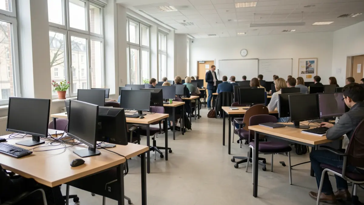 Imagen genérica de un aula moderna con ordenadores y pupitres, sin personas.