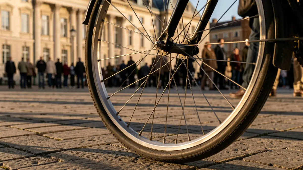 Imagen de una rueda de bicicleta sobre pavimento de piedra con luz de tarde y fachada de edificio público al fondo.