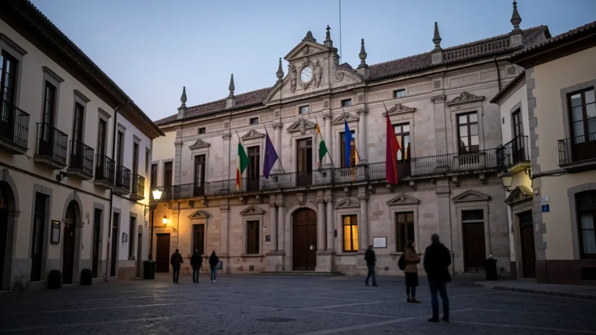 Generic image of a Spanish town hall with flags at half-mast and lights off as a sign of mourning.