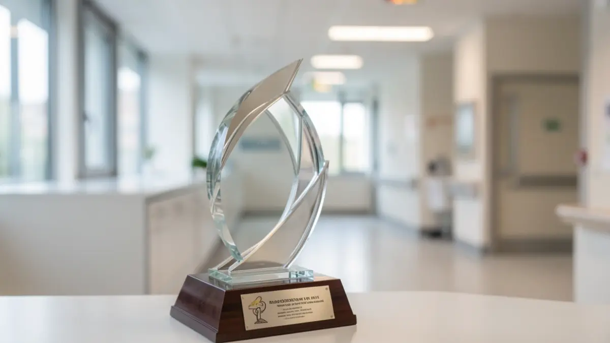 Generic image of a medical award against a modern hospital background.