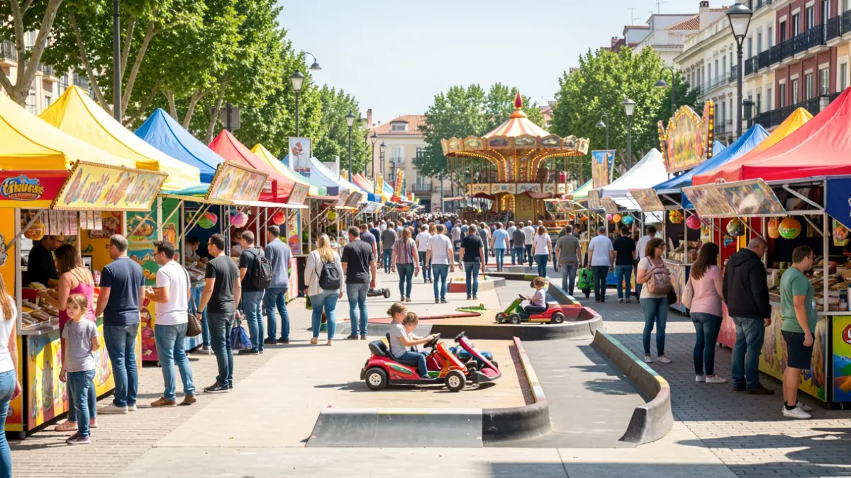 Generic image of an outdoor commercial fair with stalls and family activities.