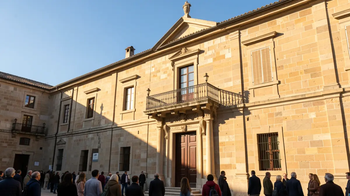Facade of the San Lorenzo de El Escorial Town Hall with a balcony and iron railings, under the afternoon sunlight.