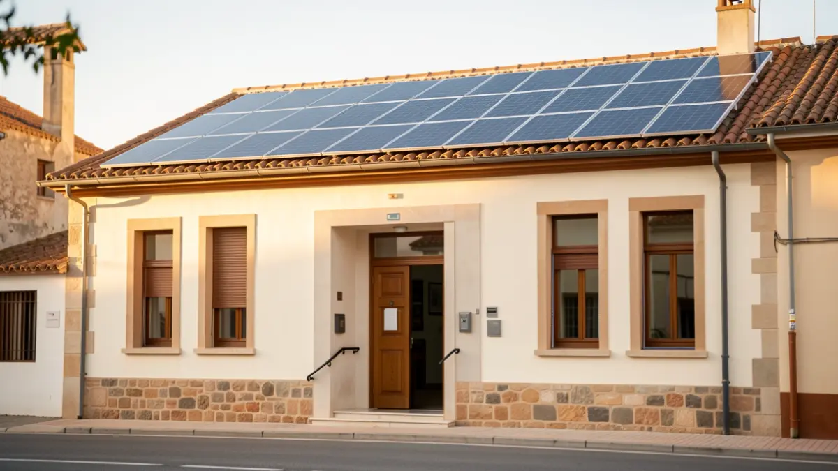 Imagen genérica de la fachada de un edificio municipal renovado con paneles solares.