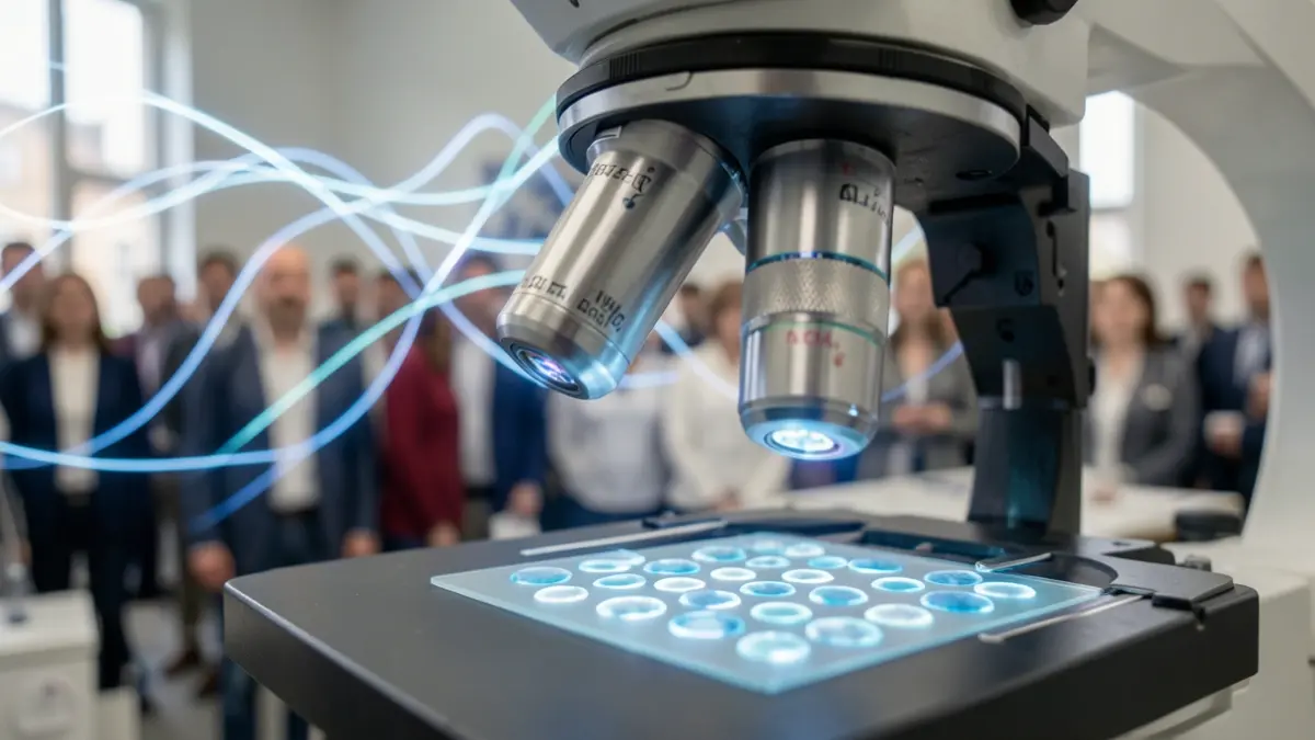 Imagen de un microscopio y datos abstractos, representando la investigación biomédica.