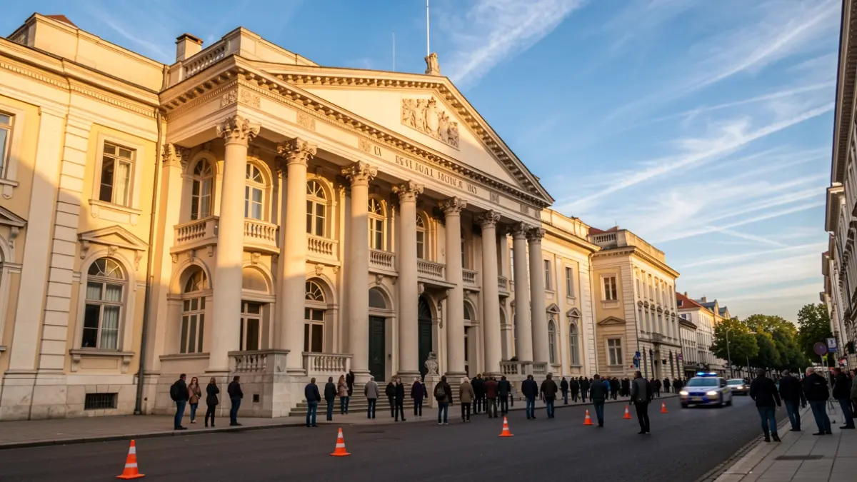 Generic image of a historic theater facade with neoclassical architectural elements, under the sunset light. Traffic cones and a blurred police car are visible in the distance.