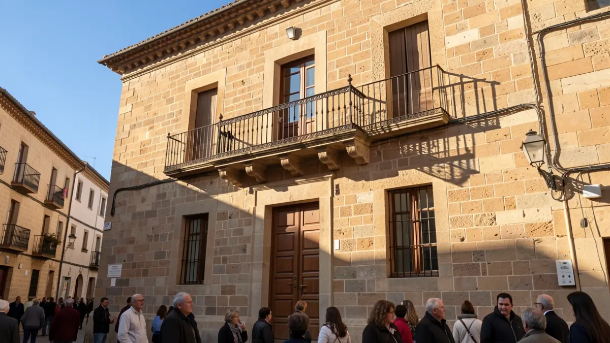 Imagen genérica de la fachada de un ayuntamiento de piedra con balcón y barandillas de hierro. Luz cálida de la tarde.