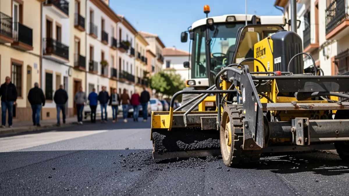 Imagen genérica de maquinaria de asfalto trabajando en una calle de un municipio español, con edificios residenciales borrosos al fondo bajo un cielo azul.
