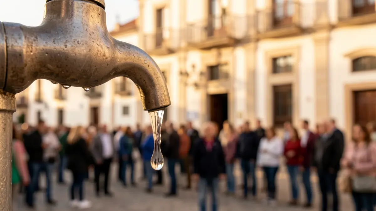 Close-up of a water tap with a single drop falling, with the blurred background of the Soto del Real Town Hall facade.