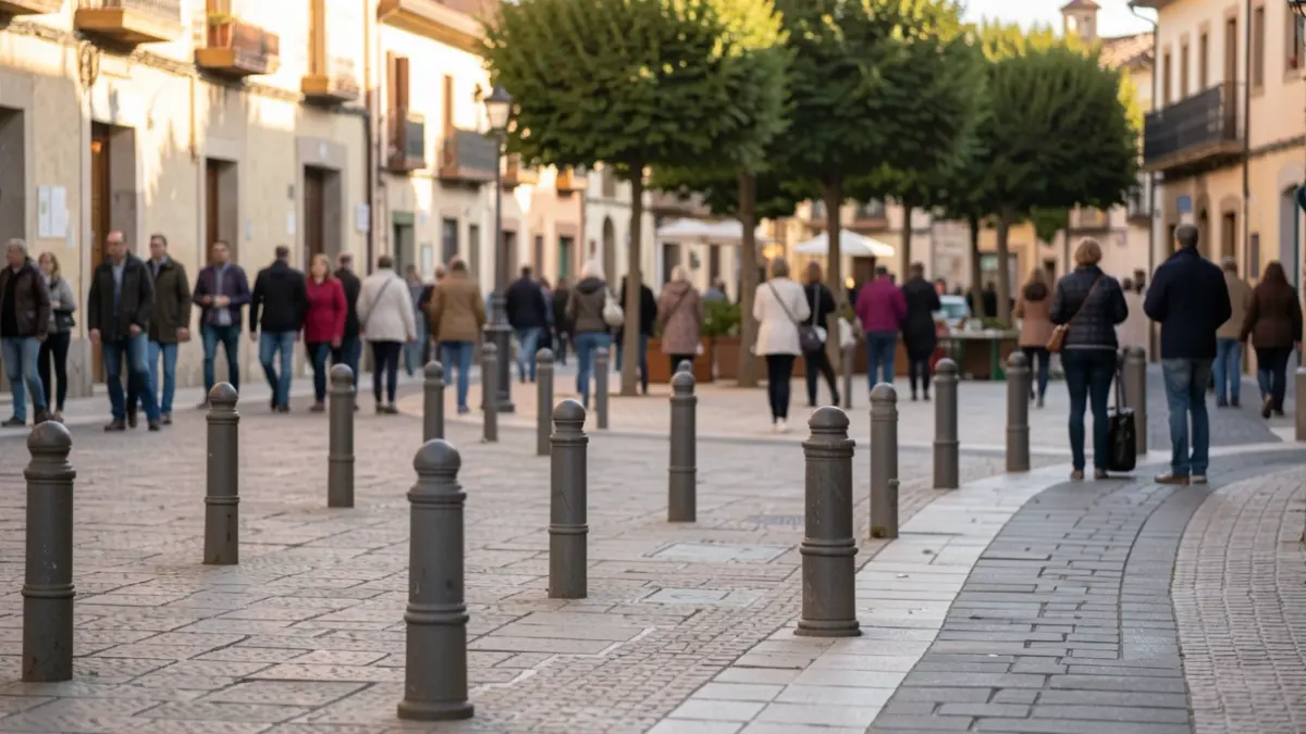 Generic image of a pedestrian street in a Spanish urban setting with street furniture and new pavement.