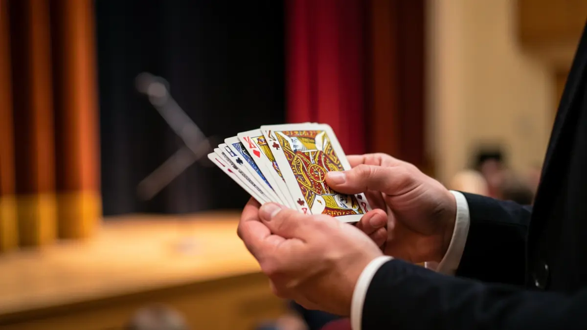 Close-up of a magician's hands holding a deck of cards, with a blurred background of a community center stage and a hint of a magic wand.