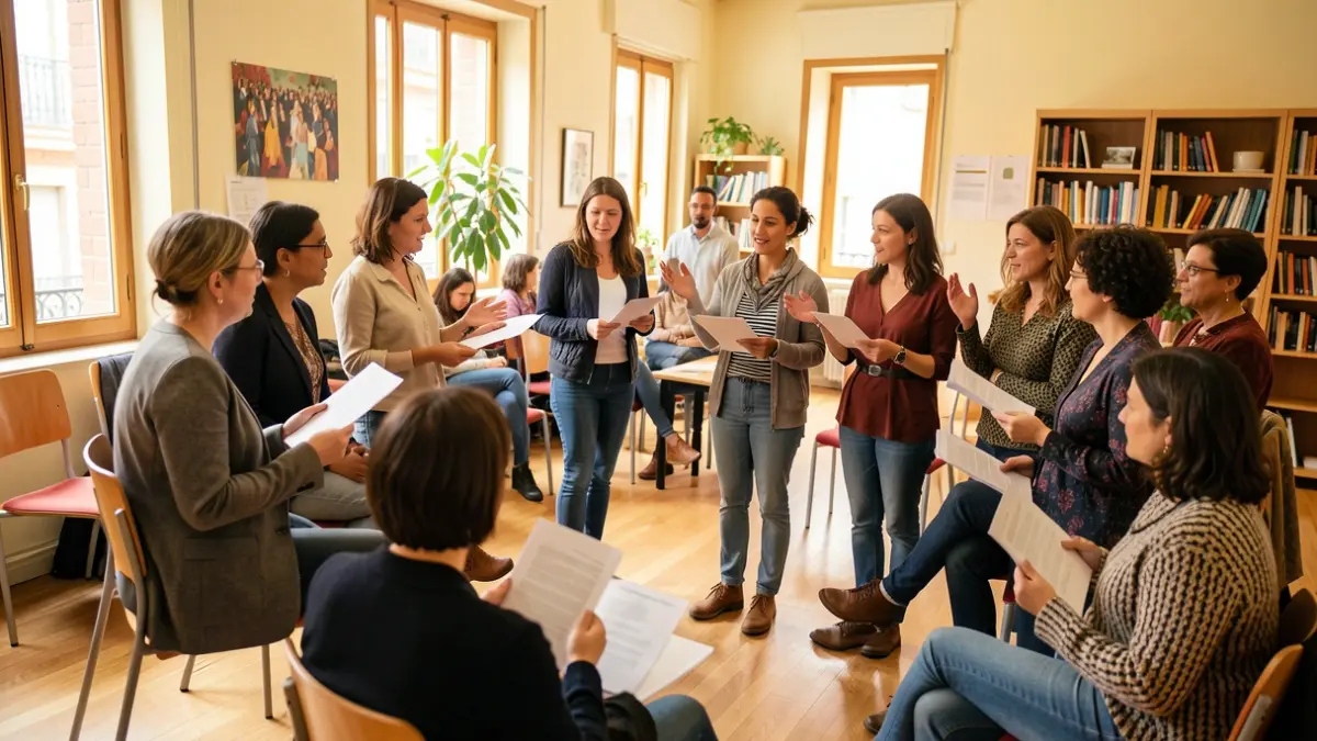 Imagen de mujeres participando en un taller de lectura dramatizada en un centro cultural.