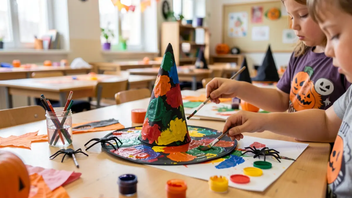 A child's hands painting a witch or wizard hat with colors and a decorative spider in a children's workshop.