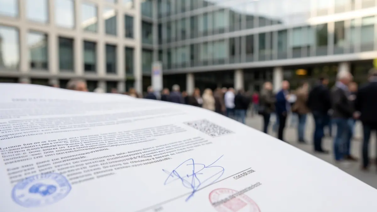 Imagen genérica de un documento legal con sellos y firmas, con el fondo difuminado de la fachada de un edificio de oficinas moderno en Madrid.