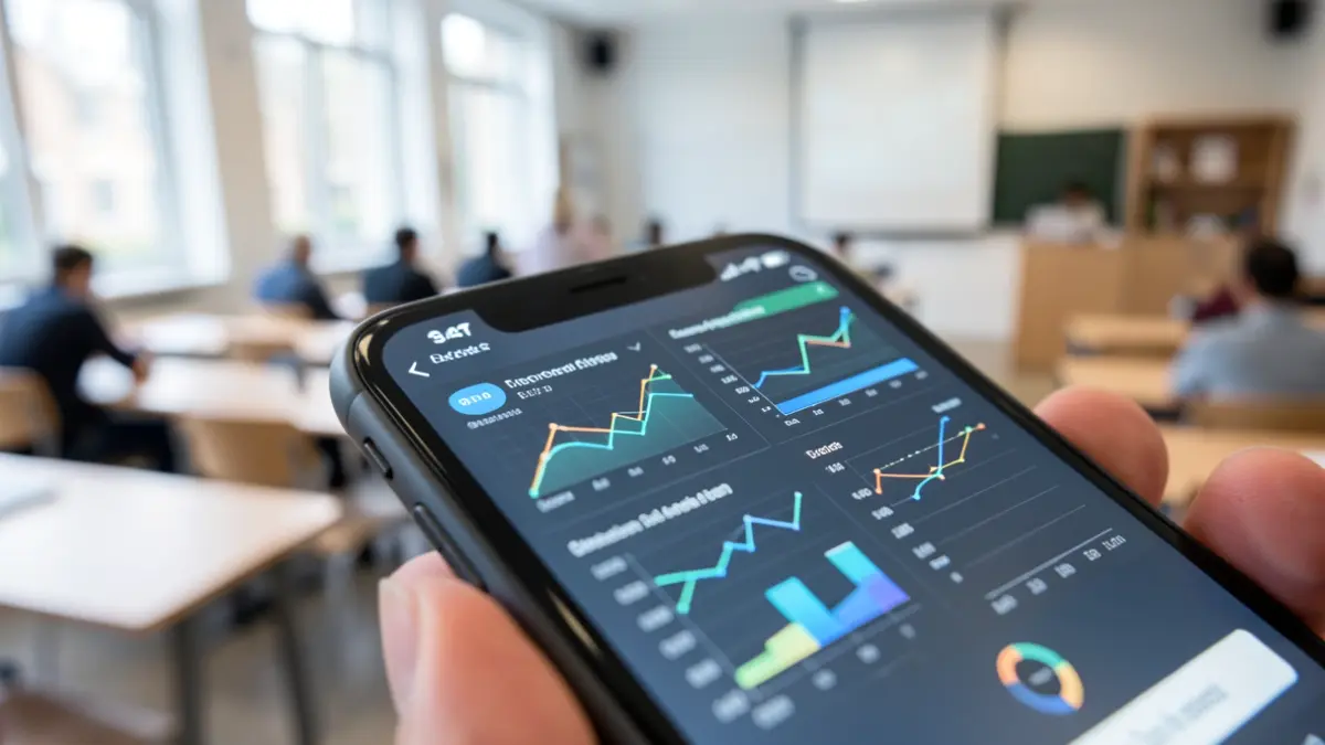 Generic image of a smartphone screen with abstract graphs and a blurred background of a university lecture hall.