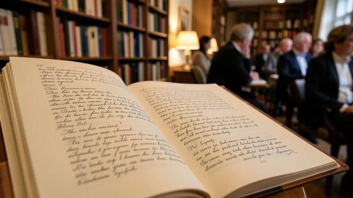 Imagen genérica de un libro de poesía abierto con caligrafía en las páginas, luz cálida y estanterías borrosas al fondo.
