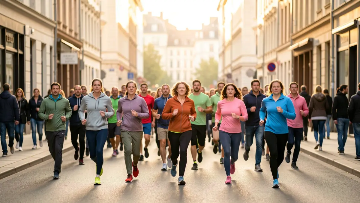 Imagen genérica de personas corriendo en una calle urbana con edificios borrosos al fondo, bajo una luz de tarde.