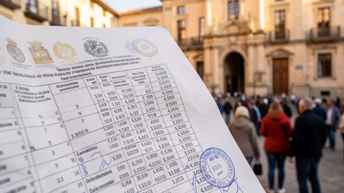 Generic image of a Spanish tax document with official seals and a blurred facade of a town hall in the background.