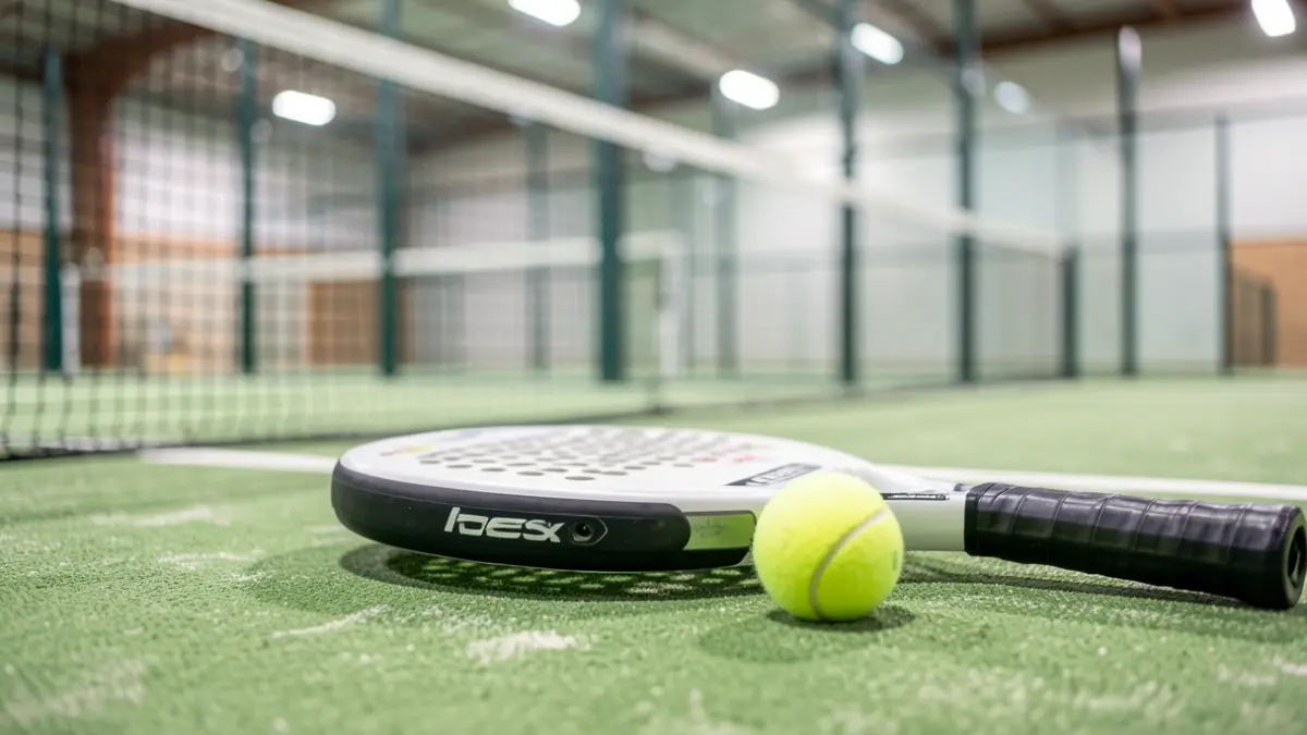 Generic image of a padel racket and ball on a sports court.