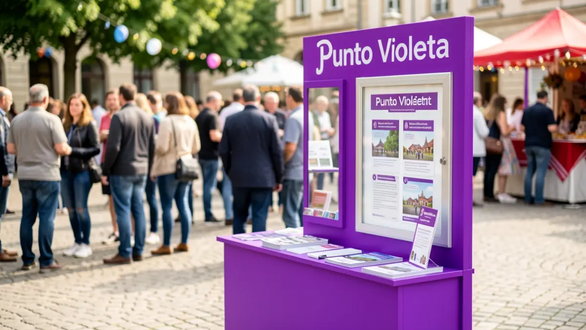 Informative Purple Point set up during the patron saint festivals of Torres de la Alameda, offering support and awareness.