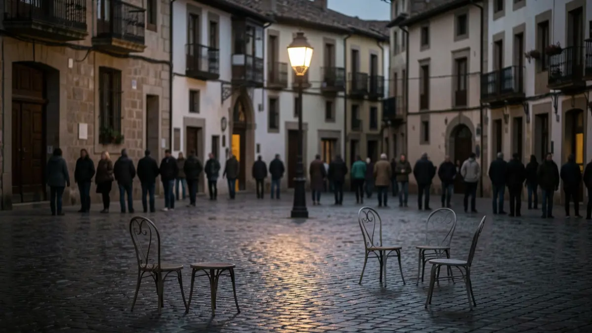 Generic image of a Spanish town square at dusk, with a streetlamp on and scattered chairs on the wet ground.