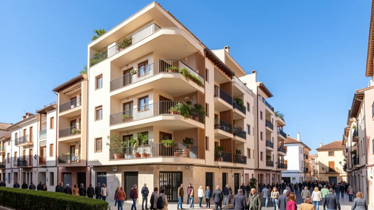 Generic image of a modern apartment building facade with balconies under a clear blue sky.