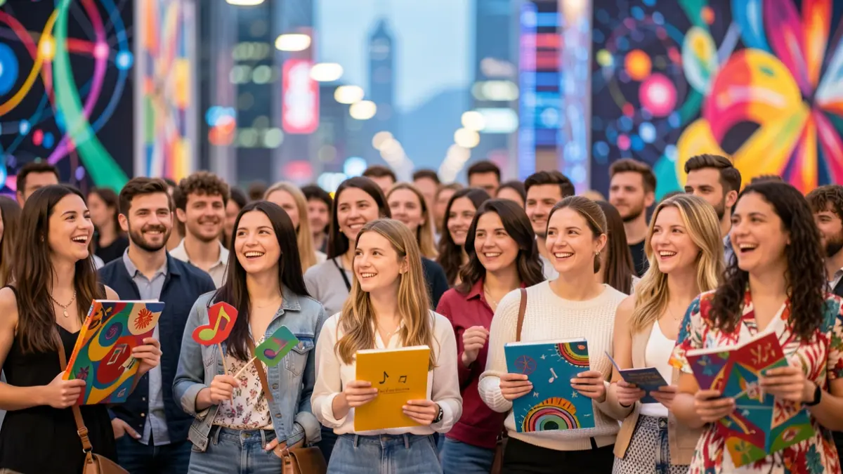 Imagen genérica de un grupo diverso de jóvenes adultos en un entorno moderno y vibrante, con elementos culturales abstractos de fondo.