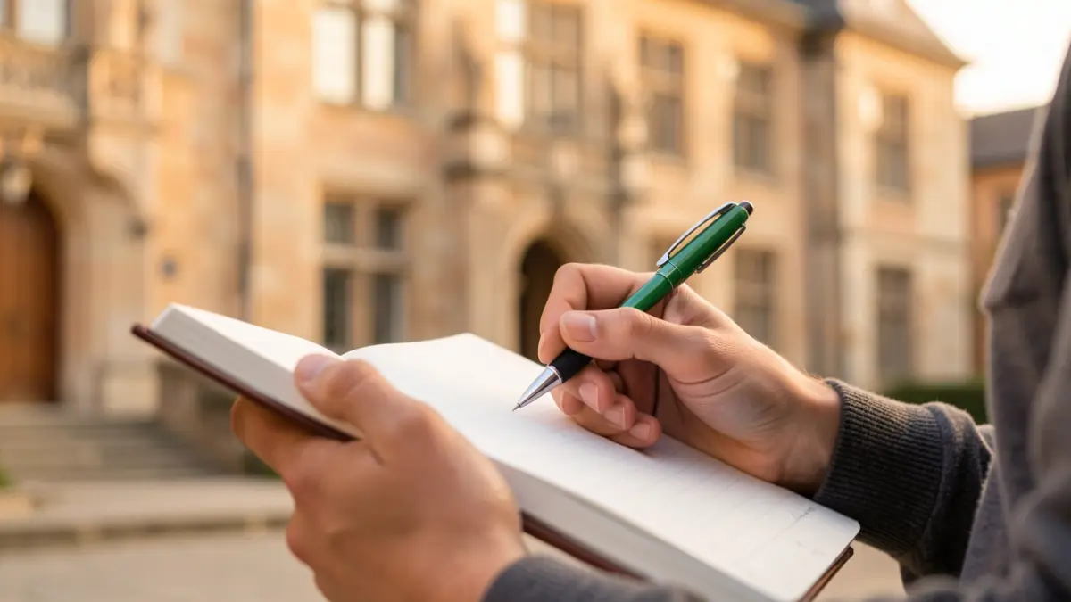 Imagen genérica de las manos de un estudiante universitario sosteniendo un cuaderno y un bolígrafo, con un edificio universitario desenfocado al fondo.