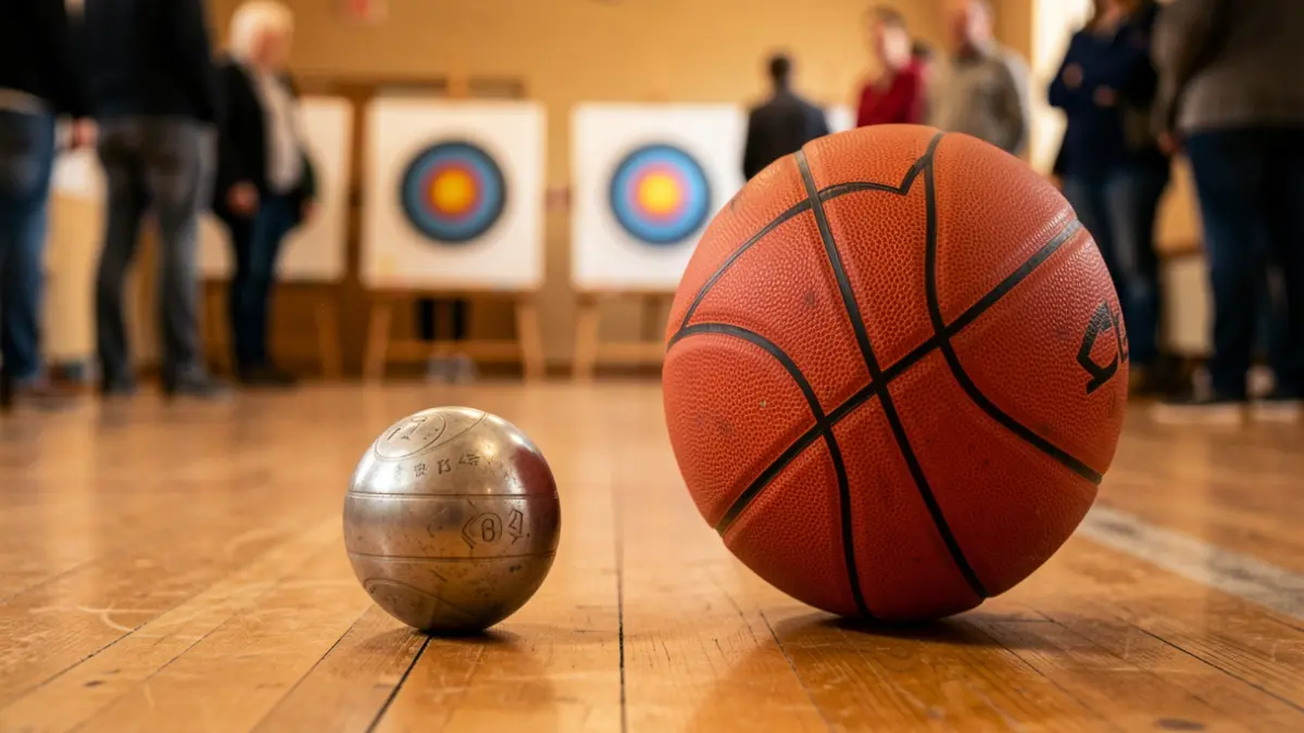 Generic image of an adapted sports competition featuring boccia balls, basketballs, and archery targets.