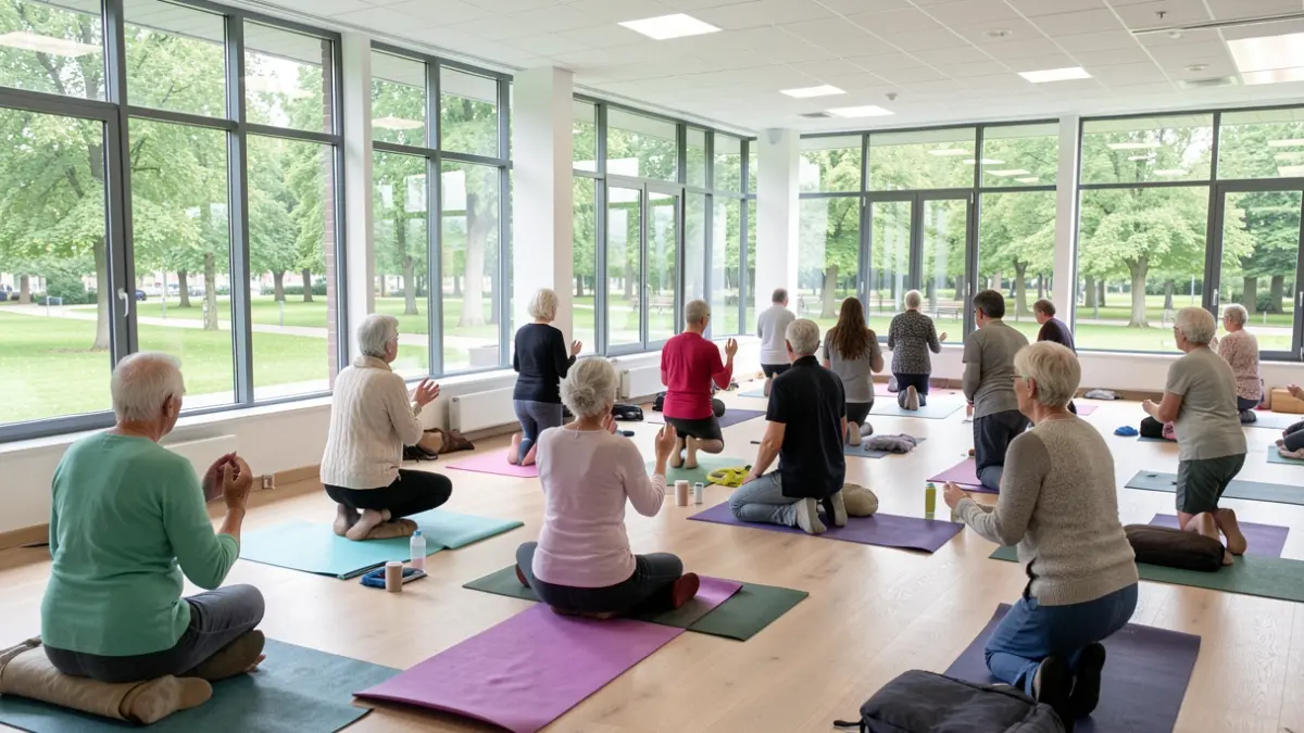 Imagen genérica de personas mayores participando en una clase de yoga en un centro comunitario.