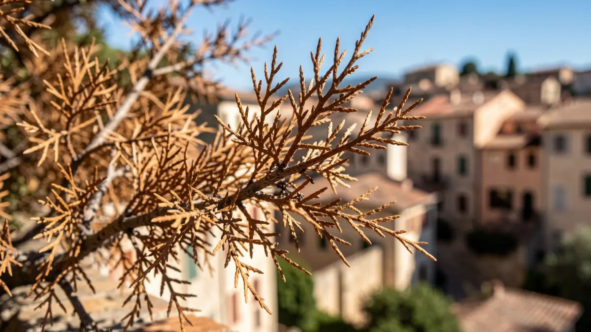 Dry, flammable-looking arborvitae branch, representing fire risk in an urban setting.