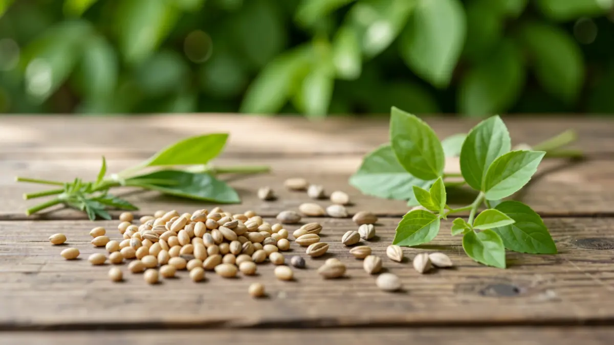 Close-up of seeds and plant cuttings on a rustic wooden table, with blurred green foliage in the background.